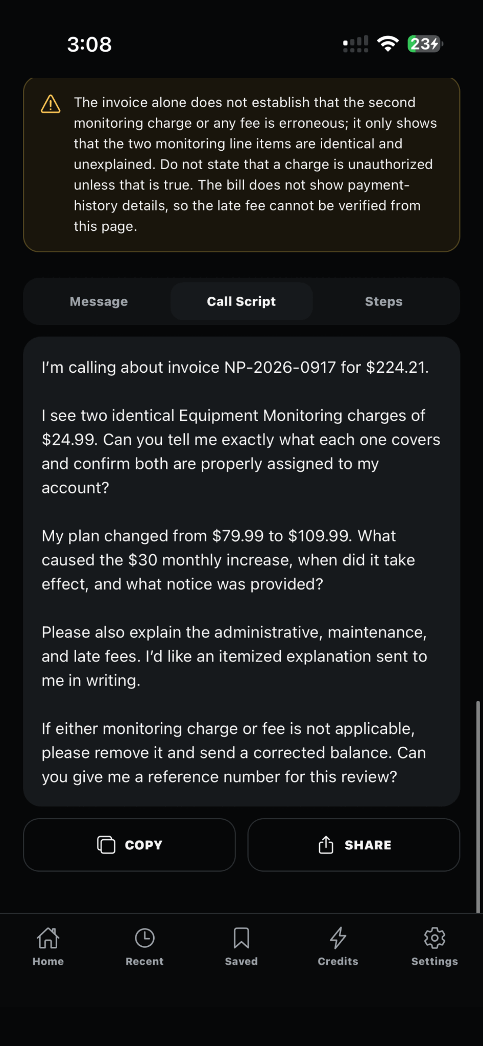 NO. – Call Them Out generated bill negotiation call script for questioning a charge