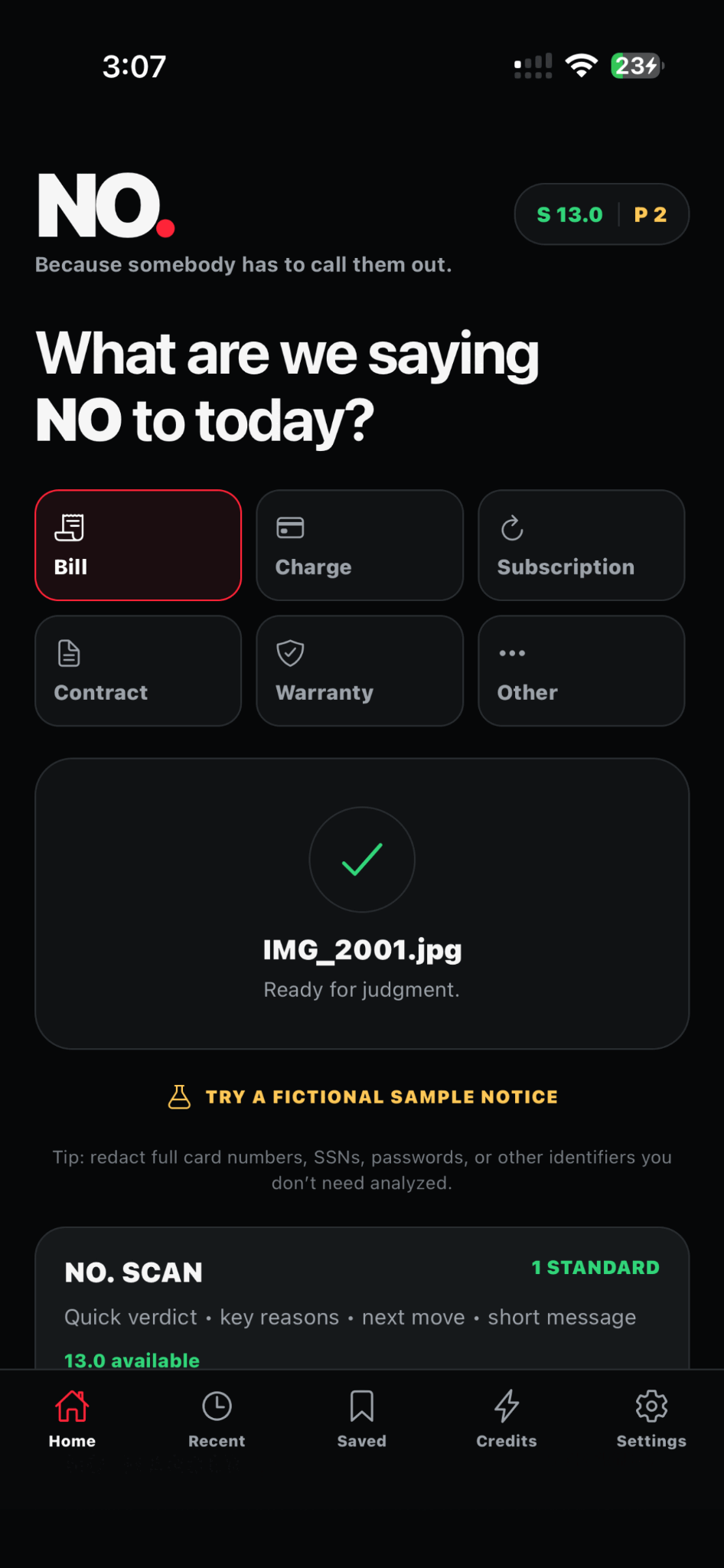 NO. – Call Them Out iPhone app home screen for analyzing bills, fees and documents