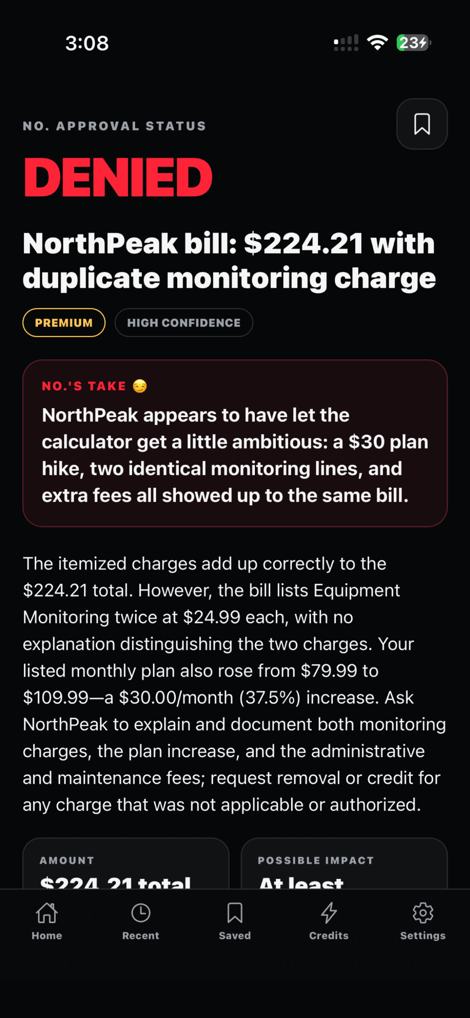 NO. – Call Them Out Premium analysis showing a verdict and explanation